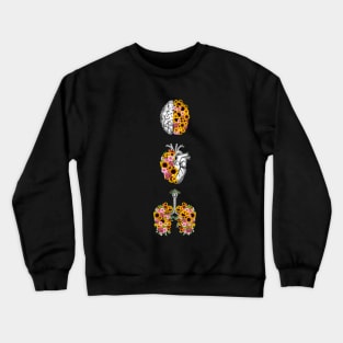 Set of human organ, lungs, heart and brain with sunflowers and daisy Crewneck Sweatshirt